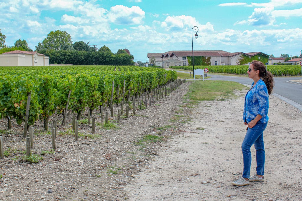 Mulher de calça jeans admirando plantações de parreiras em Bordeaux