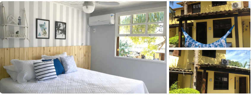 Quarto com cama de casal, fachada de casa com rede de Casas com piscina para alugar em Búzios