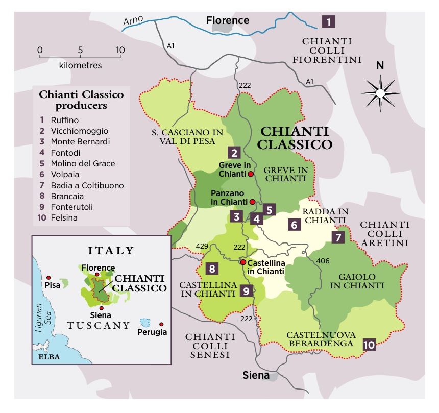 Mapa da rota do vinho Chianti